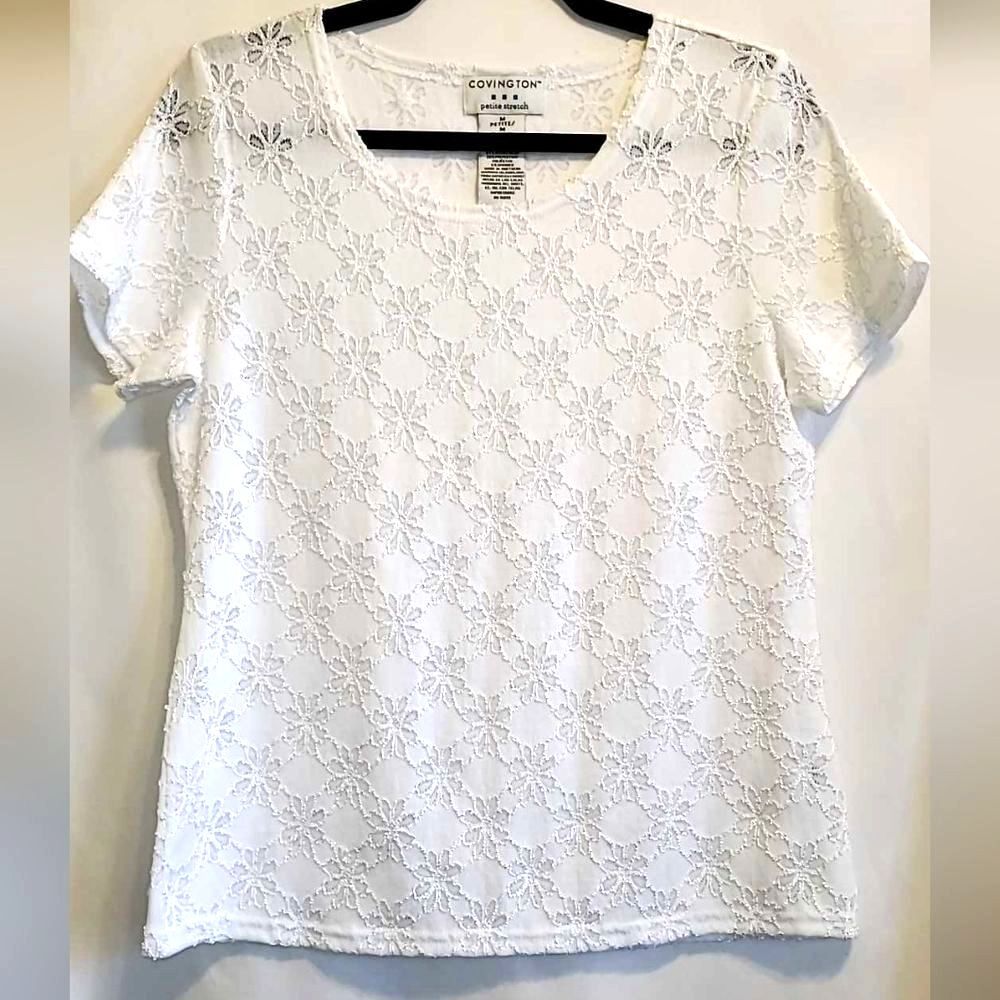 NWOT Covington White Short Sleeve Stretch Lace Blouse